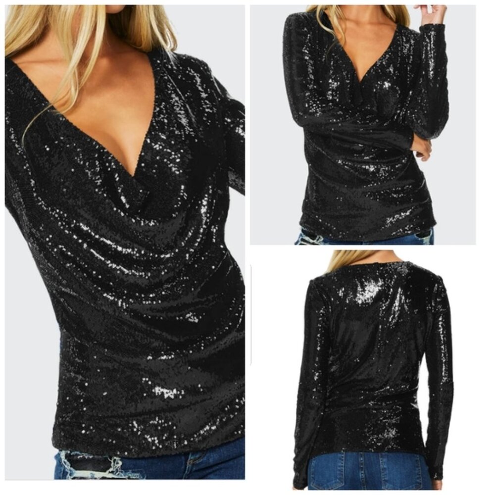 Ramy Brook Ash Black Sequin Drape Cowl Neck Top Sz S